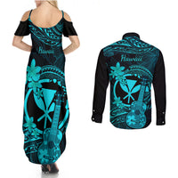Hawaii Couples Matching Summer Maxi Dress and Long Sleeve Button Shirts Ukulele Mix Polynesian Plumeria Turquoise Version - Wonder Print Shop