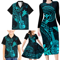 Hawaii Family Matching Long Sleeve Bodycon Dress and Hawaiian Shirt Ukulele Mix Polynesian Plumeria Turquoise Version - Wonder Print Shop
