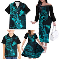 Hawaii Family Matching Off Shoulder Long Sleeve Dress and Hawaiian Shirt Ukulele Mix Polynesian Plumeria Turquoise Version - Wonder Print Shop