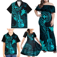 Hawaii Family Matching Off Shoulder Maxi Dress and Hawaiian Shirt Ukulele Mix Polynesian Plumeria Turquoise Version - Wonder Print Shop