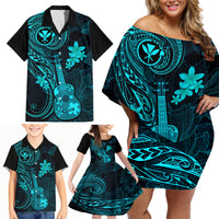 Hawaii Family Matching Off Shoulder Short Dress and Hawaiian Shirt Ukulele Mix Polynesian Plumeria Turquoise Version - Wonder Print Shop