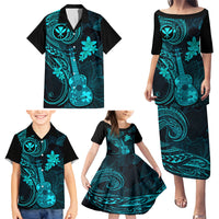 Hawaii Family Matching Puletasi Dress and Hawaiian Shirt Ukulele Mix Polynesian Plumeria Turquoise Version - Wonder Print Shop