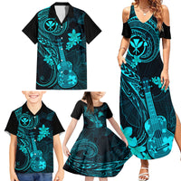Hawaii Family Matching Summer Maxi Dress and Hawaiian Shirt Ukulele Mix Polynesian Plumeria Turquoise Version - Wonder Print Shop
