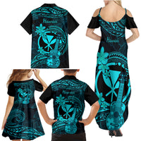 Hawaii Family Matching Summer Maxi Dress and Hawaiian Shirt Ukulele Mix Polynesian Plumeria Turquoise Version - Wonder Print Shop