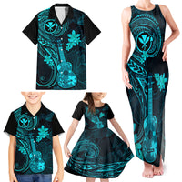 Hawaii Family Matching Tank Maxi Dress and Hawaiian Shirt Ukulele Mix Polynesian Plumeria Turquoise Version - Wonder Print Shop