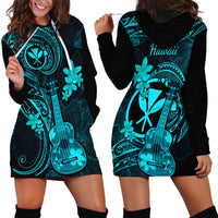 Hawaii Hoodie Dress Ukulele Mix Polynesian Plumeria Turquoise Version - Wonder Print Shop