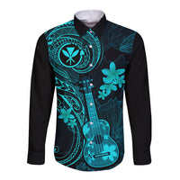 Hawaii Long Sleeve Button Shirt Ukulele Mix Polynesian Plumeria Turquoise Version - Wonder Print Shop
