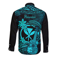 Hawaii Long Sleeve Button Shirt Ukulele Mix Polynesian Plumeria Turquoise Version - Wonder Print Shop