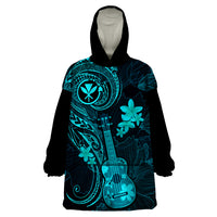 Hawaii Wearable Blanket Hoodie Ukulele Mix Polynesian Plumeria Turquoise Version - Wonder Print Shop