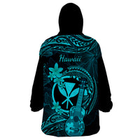 Hawaii Wearable Blanket Hoodie Ukulele Mix Polynesian Plumeria Turquoise Version - Wonder Print Shop