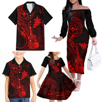 Hawaii Family Matching Off Shoulder Long Sleeve Dress and Hawaiian Shirt Ukulele Mix Polynesian Plumeria Red Version - Wonder Print Shop