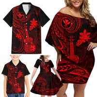 Hawaii Family Matching Off Shoulder Short Dress and Hawaiian Shirt Ukulele Mix Polynesian Plumeria Red Version - Wonder Print Shop