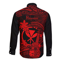 Hawaii Long Sleeve Button Shirt Ukulele Mix Polynesian Plumeria Red Version - Wonder Print Shop