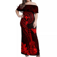 Hawaii Off Shoulder Maxi Dress Ukulele Mix Polynesian Plumeria Red Version - Wonder Print Shop