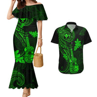 Hawaii Couples Matching Mermaid Dress and Hawaiian Shirt Ukulele Mix Polynesian Plumeria Green Version - Wonder Print Shop