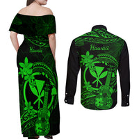 Hawaii Couples Matching Off Shoulder Maxi Dress and Long Sleeve Button Shirts Ukulele Mix Polynesian Plumeria Green Version - Wonder Print Shop