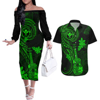 Hawaii Couples Matching Off The Shoulder Long Sleeve Dress and Hawaiian Shirt Ukulele Mix Polynesian Plumeria Green Version - Wonder Print Shop