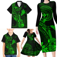 Hawaii Family Matching Long Sleeve Bodycon Dress and Hawaiian Shirt Ukulele Mix Polynesian Plumeria Green Version - Wonder Print Shop