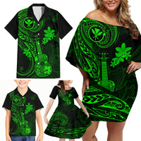 Hawaii Family Matching Off Shoulder Short Dress and Hawaiian Shirt Ukulele Mix Polynesian Plumeria Green Version - Wonder Print Shop