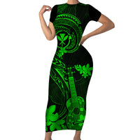 Hawaii Family Matching Short Sleeve Bodycon Dress and Hawaiian Shirt Ukulele Mix Polynesian Plumeria Green Version - Wonder Print Shop