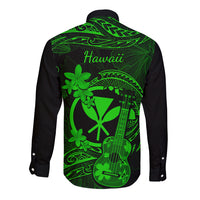 Hawaii Long Sleeve Button Shirt Ukulele Mix Polynesian Plumeria Green Version - Wonder Print Shop
