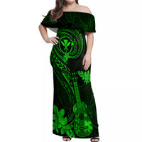 Hawaii Off Shoulder Maxi Dress Ukulele Mix Polynesian Plumeria Green Version - Wonder Print Shop