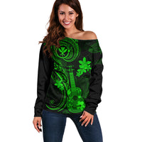 Hawaii Off Shoulder Sweater Ukulele Mix Polynesian Plumeria Green Version - Wonder Print Shop
