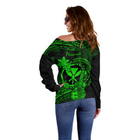 Hawaii Off Shoulder Sweater Ukulele Mix Polynesian Plumeria Green Version - Wonder Print Shop