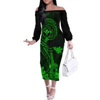 Hawaii Off The Shoulder Long Sleeve Dress Ukulele Mix Polynesian Plumeria Green Version - Wonder Print Shop