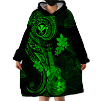 Hawaii Wearable Blanket Hoodie Ukulele Mix Polynesian Plumeria Green Version - Wonder Print Shop