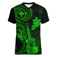 Hawaii Women V Neck T Shirt Ukulele Mix Polynesian Plumeria Green Version - Wonder Print Shop