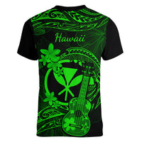 Hawaii Women V Neck T Shirt Ukulele Mix Polynesian Plumeria Green Version - Wonder Print Shop