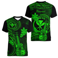 Hawaii Women V Neck T Shirt Ukulele Mix Polynesian Plumeria Green Version - Wonder Print Shop