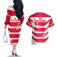 Japan Rugby Couples Matching Off The Shoulder Long Sleeve Dress and Hawaiian Shirt 2023 Go Cherry Blossoms World Cup - Wonder Print Shop