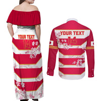 Custom Japan Rugby Couples Matching Off Shoulder Maxi Dress and Long Sleeve Button Shirts 2023 Go Cherry Blossoms World Cup - Wonder Print Shop