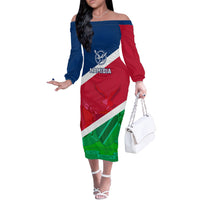 Namibia Rugby Off The Shoulder Long Sleeve Dress 2023 Welwitschias Flag Style - Wonder Print Shop