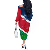 Namibia Rugby Off The Shoulder Long Sleeve Dress 2023 Welwitschias Flag Style - Wonder Print Shop