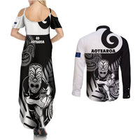 New Zealand Silver Fern Rugby Couples Matching Summer Maxi Dress and Long Sleeve Button Shirts Go Champions NZ All Black Maori Koru - Wonder Print Shop
