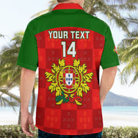 Red-and-green Hawaiian shirt back with 'YOUR TEXT 14' and crest