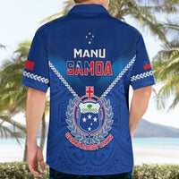 Blue Samoa rugby short-sleeve button-up with MANU SAMOA back text and crest emblem