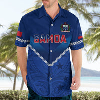 Blue Samoa rugby button-up with chest crest, chevron trim, and patterned fabric
