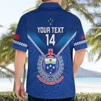 Blue rugby shirt back with YOUR TEXT 14 and Samoa Rugby Union crest graphic