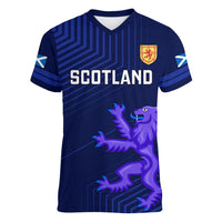 Women’s blue V-neck rugby T-shirt with Scotland text, crest, and lion graphic
