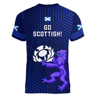 Women’s blue back rugby T-shirt with Go Scottish text and lion graphic