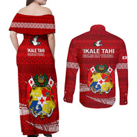 Tonga Rugby Couples Matching Off Shoulder Maxi Dress and Long Sleeve Button Shirts 2023 Ikale Tahi Tongan Ngatu Pattern - Wonder Print Shop