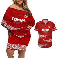 Tonga Rugby Couples Matching Off Shoulder Short Dress and Hawaiian Shirt 2023 Ikale Tahi Tongan Ngatu Pattern - Wonder Print Shop