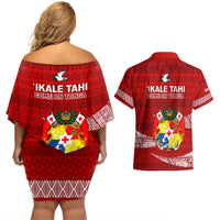 Tonga Rugby Couples Matching Off Shoulder Short Dress and Hawaiian Shirt 2023 Ikale Tahi Tongan Ngatu Pattern - Wonder Print Shop
