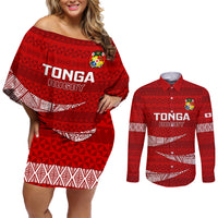 Tonga Rugby Couples Matching Off Shoulder Short Dress and Long Sleeve Button Shirts 2023 Ikale Tahi Tongan Ngatu Pattern - Wonder Print Shop