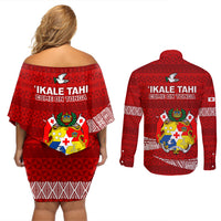 Tonga Rugby Couples Matching Off Shoulder Short Dress and Long Sleeve Button Shirts 2023 Ikale Tahi Tongan Ngatu Pattern - Wonder Print Shop