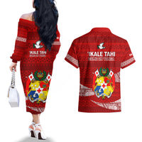 Tonga Rugby Couples Matching Off The Shoulder Long Sleeve Dress and Hawaiian Shirt 2023 Ikale Tahi Tongan Ngatu Pattern - Wonder Print Shop